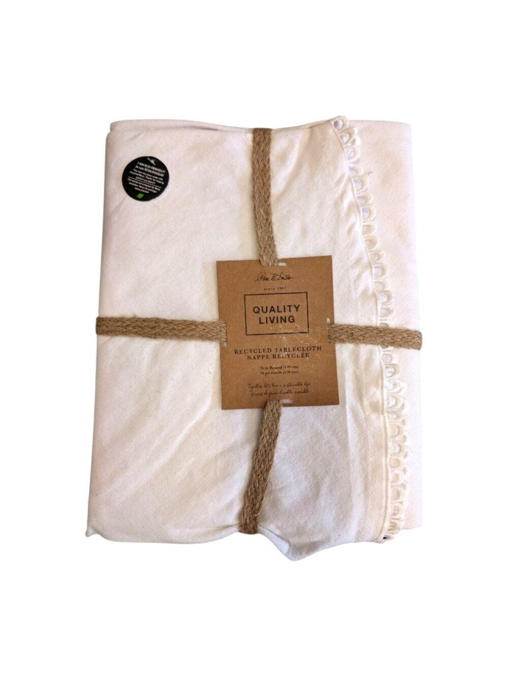 Peter B. Smith Quality Living Recycled Round Tablecloth With Lace Edge 70" White
